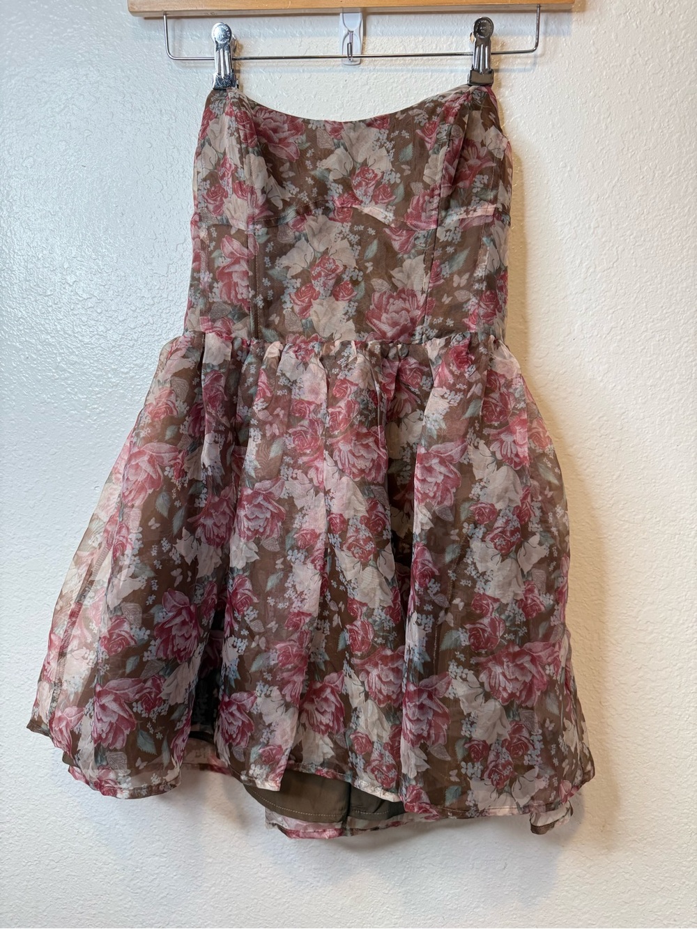 Storia Strapless Sweetheart Corset Top Puff Babydoll Dress in Fall Rose Size S